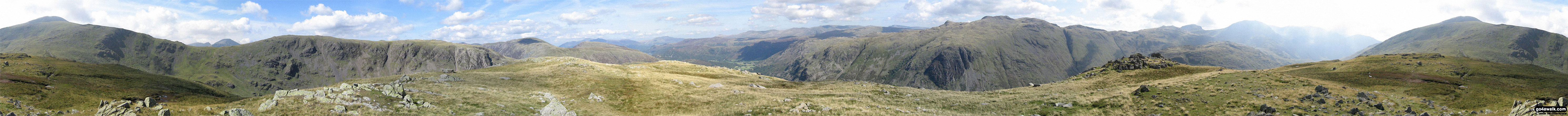 360 degree panorama featuring Great Gable, Green Gable, Little Scoat Fell & Pillar (distance), Brandreth, Dale Head (Newlands), High Spy, Glaramara, Esk Pike, Great End and Scafell Pike from Base Brown