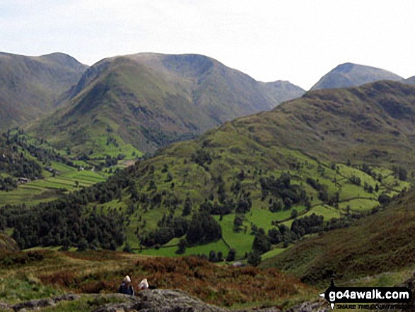 Walk c320 Arnison Crag from Patterdale - Thornthwaite Crag (left), Hartsop Dodd and Stony Cove Pike (Caudale Moor) (centre), Red Screes (right) and the shoulder of Hartsop above How (foreground) from Arnison Crag, Patterdale