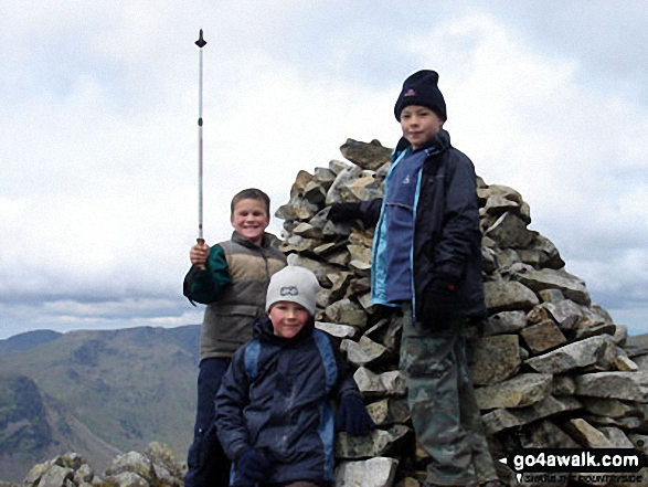 Walk c271 The Scafell Massif from Wasdale Head, Wast Water - Ollie, Max and James on top of Lingmell before climbing Scafell Pike to round off the day