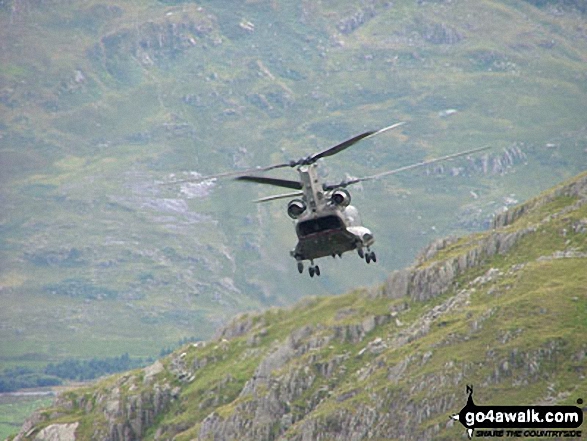 Walk gw122 The Cwm Llafar Horseshoe - Chinook Helicopter on a training flight below Carnedd Llewelyn on reconnoitring circuit before landing