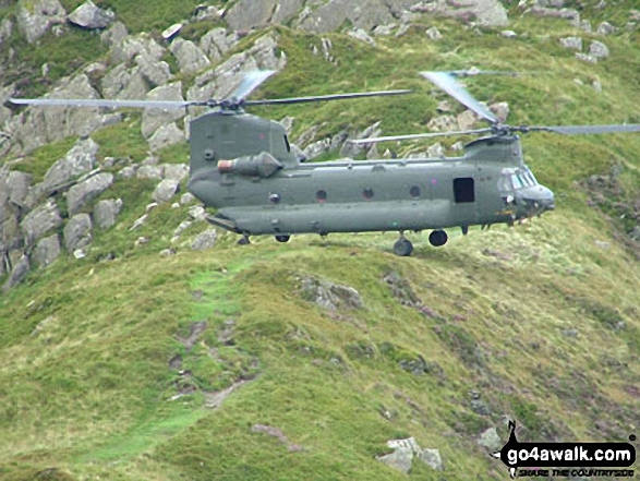 Walk cw113 Pen Yr Ole Wen, Carnedd Dafydd, Carnedd Llewelyn and Pen Yr Helgi Du from Glan Dena, Llyn Ogwen - Chinook Helipcopter landing astride the Bwlch Eryl Farchog ridge