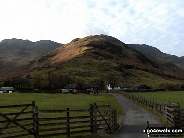 Walk c416 Scafell Pike from The Old Dungeon Ghyll, Great Langdale - Approaching The Band and Stool End Farm from Great Langdale