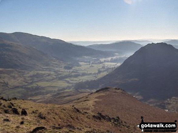 Walk c294 Steel Fell from Grasmere - Early morning mist over Grasmere with Heron Pike (left) and Helm Crag (right) from Steel Fell (Dead Pike)