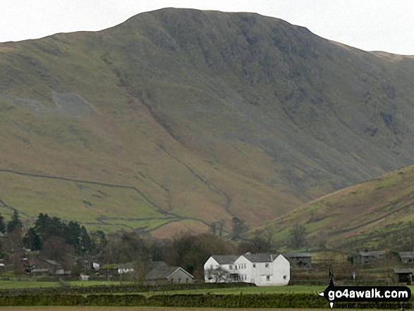 Walk c128 The Hayswater Round from Hartsop - Hartsop Village with Grey Crag towering beyond from the shores of Brothers Water