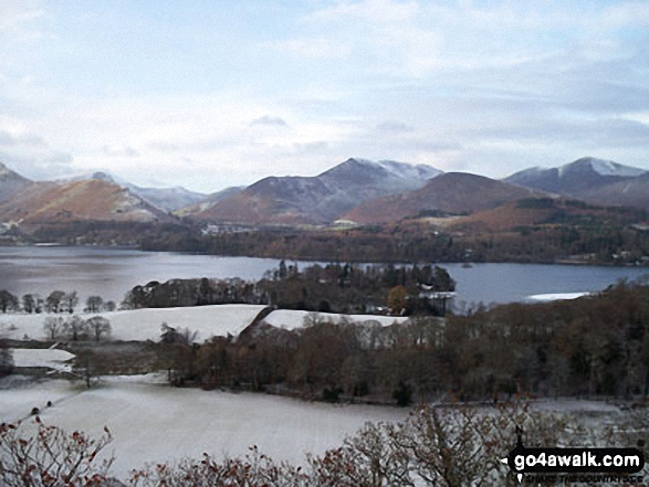 Walk c253 The Newlands Valley from Hawes End - Snow on Derwent Water with Cat Bells (Catbells) (left) and Casuey Pike (centre) and Grisedale Pike (right)