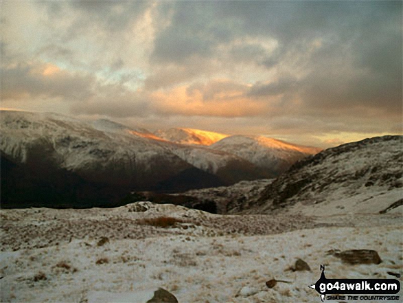 Sunset on Helvellyn, Fairfield (centre) and Seat Sandal from High Seat (Ashness Fell) 