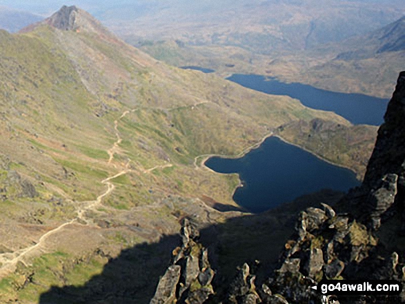 Walk gw158 Garnedd Ugain, Snowdon, Moel Cynghorion, Foel Gron and Moel Eilio from Llanberis - Craig Fach, Llyn Llydaw (top) and Glaslyn (bottom) from Snowdon (Yr Wyddfa)