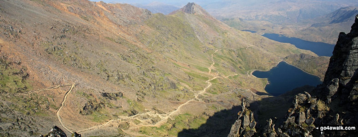 The PYG Track and The Miners' Track, Craig Fach, Llyn Llydaw (top) and Glaslyn (bottom) from Snowdon (Yr Wyddfa)