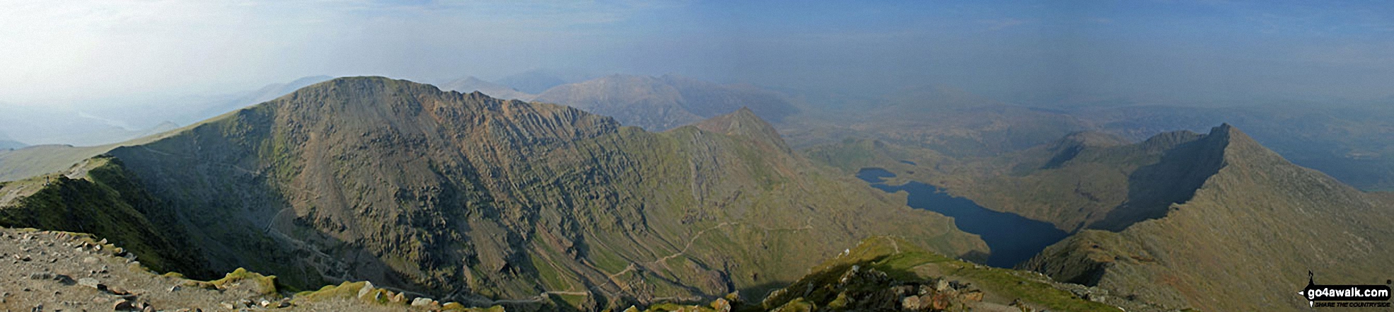 Walk gw117 Snowdon and Yr Aran via The Watkin Path from Bathania, Nantgwynant - Garnedd Ugain (Crib y Ddysgl), Crib Goch, Craig Fach, The PYG Track, Llyn Llydaw and Y Lliwedd from the summit of Snowdon (Yr Wyddfa)