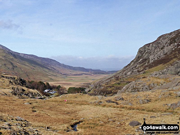 Ogwen Cottage, Nant Ffrancon and the shoulder of Pen yr Ole Wen from Llyn Idwal