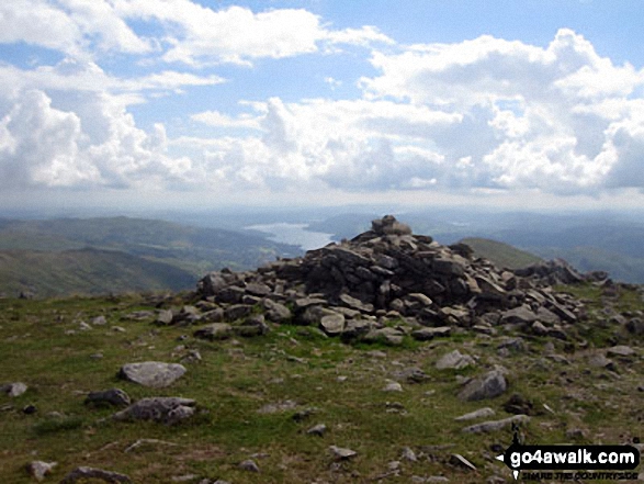 Walk c230 The Scandale Beck Horizon from Ambleside - Fairfield summit cairn with Windermere in the distance