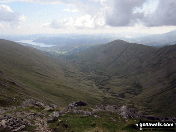 Walk c235 The Deepdale Horseshoe from Patterdale - The Fairfield Horseshoe from the summit of Fairfield with Dove Crag (left), Rydal Beck, Ambleside, Windermere, Nab Scar and Heron Pike (prominent right)