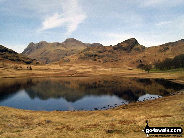 Walk c206 Lingmoor Fell and Little Langdale from Blea Tarn (Langdale) nr Elterwater - The Langdale Pikes reflected in Blea Tarn (Langdale)