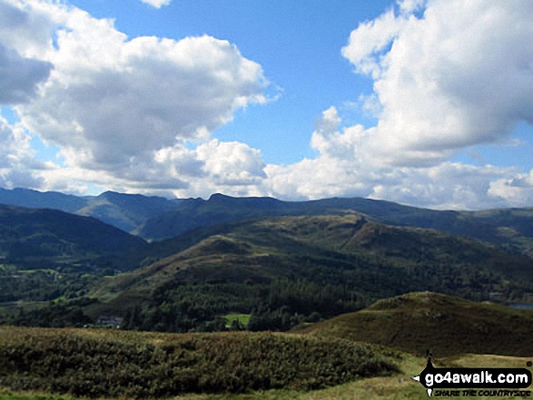 Walk c274 Loughrigg Fell from Elterwater - The Langdale Pikes form Loughrigg Fell