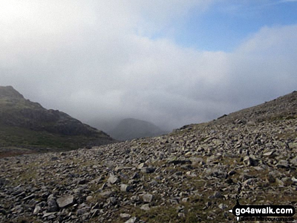 Walk c453 The Scafell Mountains from Wasdale Head, Wast Water - Round How peeping through the mist from the bottom of Great End