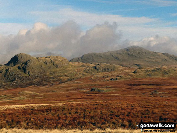 Walk c205 Green Crag (Ulpha Fell) and Great Worm Crag from Stanley Force NT Car Park, Eskdale - Harter Fell (Eskdale) (right) and Green Crag (Ulpha Fell) (left) from Great Worm Crag