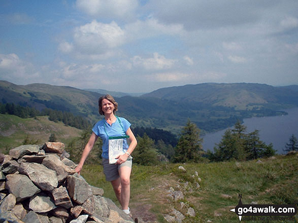 Walk c178 Sheffield Pike from Glenridding - Me by the large cairn on the summit of Glenridding Dodd with Ullswater in the background