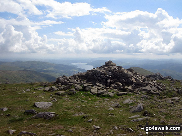 Walk c230 The Scandale Beck Horizon from Ambleside - The summit cairn on Fairfield with Windermere in the distance