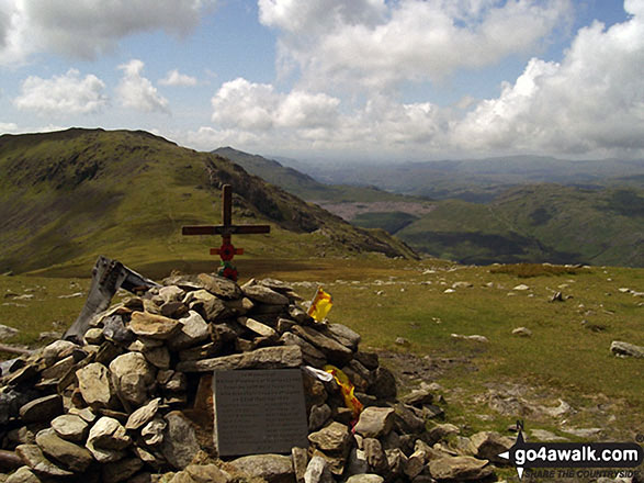 Walk c167 Wetherlam and Swirl How from Low Tilberthwaite - The cairn and plane crash memorial on the summit of Great Carrs