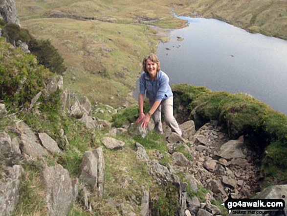 Walk c225 The Langdale Pikes via Jack's Rake from The New Dungeon Ghyll, Great Langdale - Me half-way up Jack's Rake with Stickle Tarn below