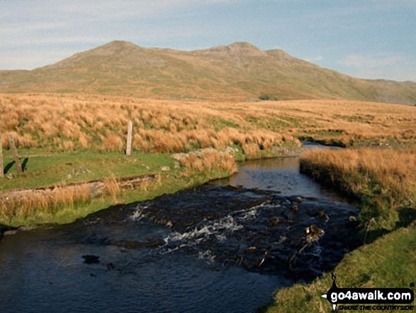 Walk gw119 Arenig Fawr (Moel Yr Eglwys), Moel Llyfnant and Gallt yDaren via Llyn Arenig Fawr from Pont Rhyd-y-Fen - Arenig Fawr and Arenig Fawr (South Top) from the bridge over Afon Amnodd-bwll