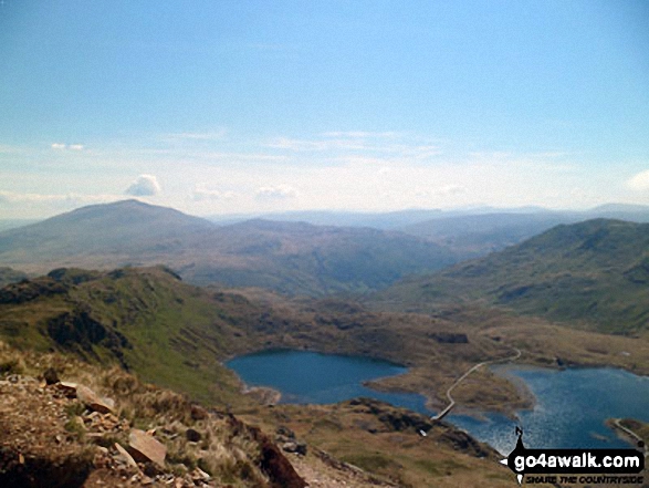 Walk gw153 Crib Goch from Pen y Pass - Carnedd Moel Siabod (left, distance) and Llyn Llydaw from the top of Crib Goch