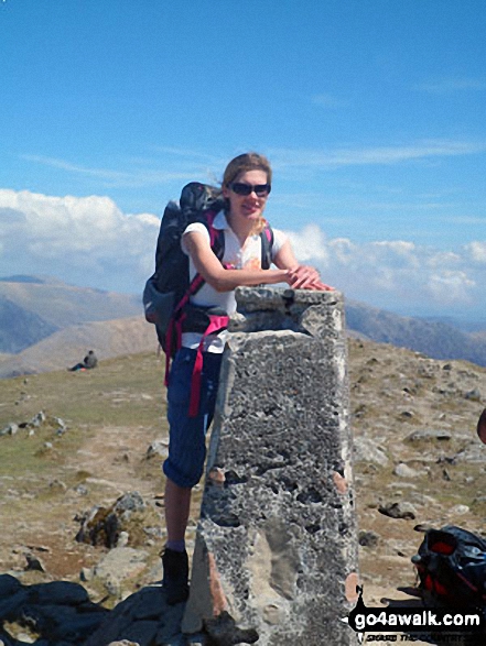 Clare on the summit of Garnedd Ugain (Crib y Ddysgl)