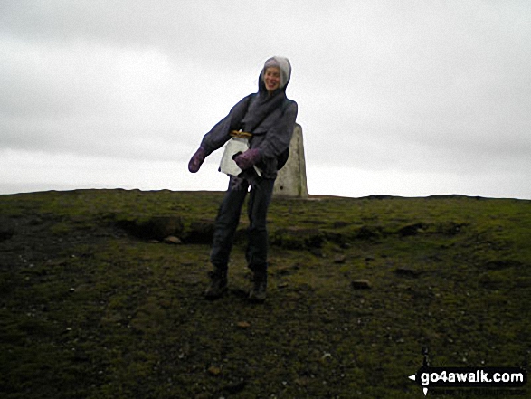 Walk l112 Pendle Hill via Boar Clough from Barley - On the summit of a very windy Pendle Hill (Beacon or Big End)