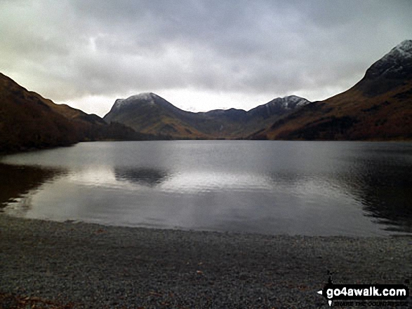 Walk c411 Starling Dodd via Scale Beck from Buttermere - Fleetwith Pike (left), Hay Stacks (Haystacks) and the shoulder of High Crag (Buttermere) (right) across Buttermere