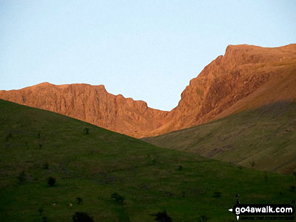 Walk c172 Scafell Pike via The Corridor Route from Wasdale Head, Wast Water - Scafell Pike, Mickledore and Sca Fell at sunset from Wasdale