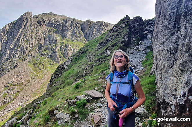 Walk c175 Slight Side and Sca Fell from Wha House Farm, Eskdale - Me looking up the West Wall Traverse between Sca Fell and Scafell Pike