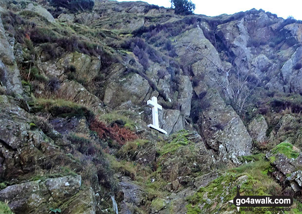 Walk c127 Great Sca Fell and Knott from Over Water - White cross memorial to Fanny Mercer near the bottom of Fleetwith Pike near Gatescarth