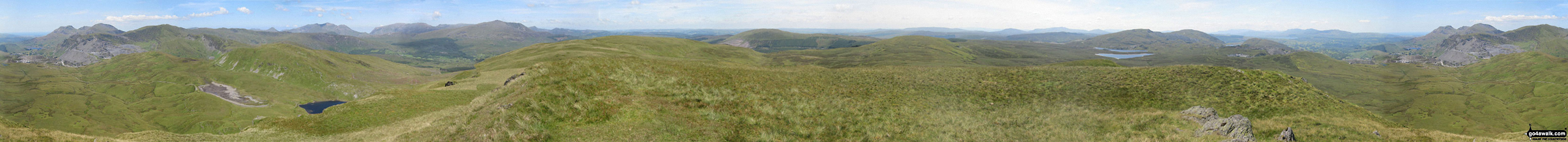 360 degree view from Moel Penamnen summit featuring (from left to right): The Moelwyns - Moelwyn Bach, Craigysgafn & Moelwyn Mawr, Allt-fawr, Moel Druman & Ysgafell Wen, Moel Farlwyd (foreground above/left of blue lake), Yr Aran (pointed peak above Moel Farlwyd), Mount Snowdon (Yr Wyddfa) & Y Lliwedd, The Glyderau - Glyder Fach, Glyder Fawr & Tryfan, Carnedd Moel Siabod, Y Ro Wen, Foel-fras (Moelwyns), Manod Mawr (above two light blue lakes) and The Arenigs - Arenig Fawr & Arenig Fach.