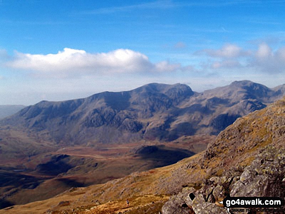 Walk c425 The Oxendale Fells from The Old Dungeon Ghyll, Great Langdale - Sca Fell (centre), Mickledore and Scafell Pike (right) from Crinkle Crags