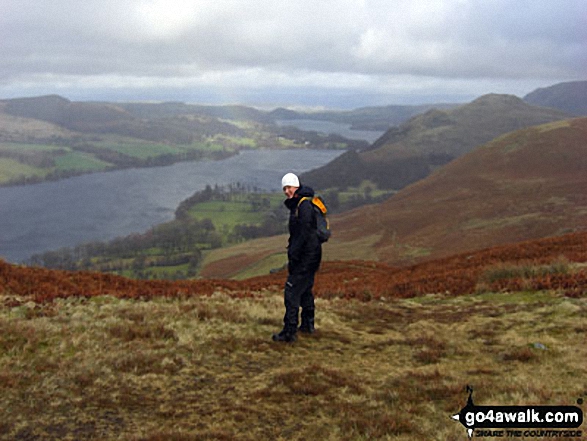 Walk c304 Beda Head and Place Fell from Howtown - Jenny Smith on the descent from Place Fell to Sandwick with Ullswater in the background