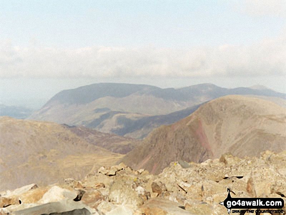 Walk c166 The Scafell Masiff from Wha House Farm, Eskdale - Great Gable (right) and The Buttermere Fells (centre) from Scafell Pike