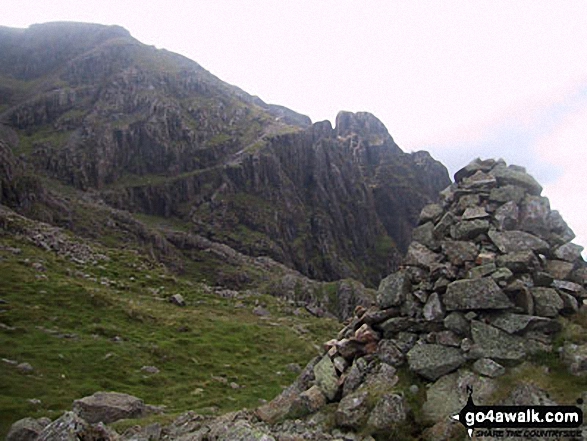 Walk c101 Pillar and Little Scoat Fell from Wasdale Head, Wast Water - Robinson's Cairn with Pillar Rock beyond (left of the cairn and to right of the 'notch')