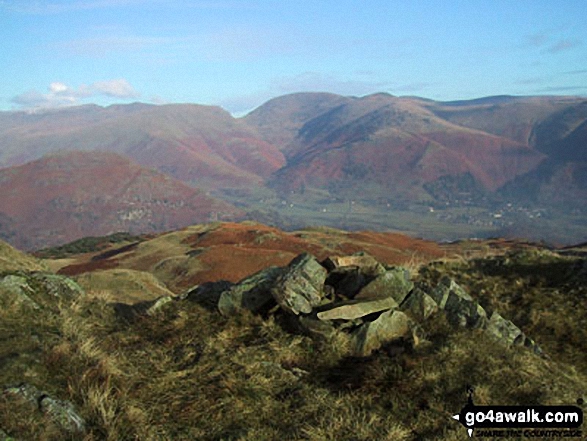 Dunmail Raise and Grasmere Village in the valley with Helvellyn (left), Fairfield (centre) and Seat Scandal, Great Rigg and Heron Pike beyond from Lang How 