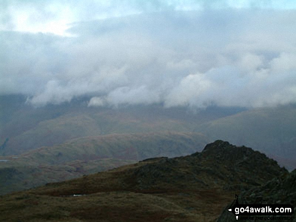 Walk c208 Harrison Stickle and High Raise from The New Dungeon Ghyll, Great Langdale - Clouds over the Langdale Pikes from near Sergeant Man