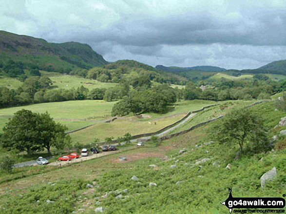 Walk c166 The Scafell Masiff from Wha House Farm, Eskdale - Wha House Farm and Esk Dale with Kepple Crag beyond from Hare Crag