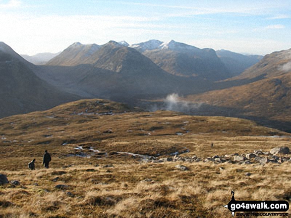 Walk h161 Beinn a' Chrulaiste from Altnafeadh, The Pass of Glen Coe - Buachaille Etive Beag and The Three Sisters of Glen Coe (Beinn Fhada, Gearr Aonach & Aonach Dubh) from the lower slopes of Beinn a' Chrulaiste