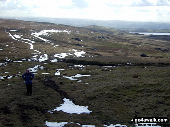 Climbing Rough Hill (Shore Moor) with Watergrove Reservoir beyond 