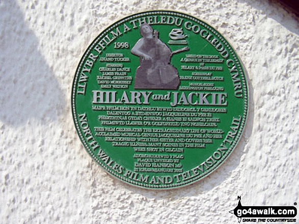 Walk dn136 Moel Famau and Cilcain from Bwlch Panbarras - Name plaque in Cilcain celebrating the film of life of renown cellists Jacqueline Du Pre - a number of scenes of which were shot in Cilcain village