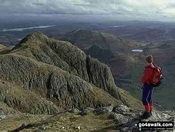 Me on the summit of Pike of Stickle, The Langdale Pikes with Windermere (far left), Loft Crag (near left), Lingmoor Fell (across Great Langdale) and Blea Tarn (right)