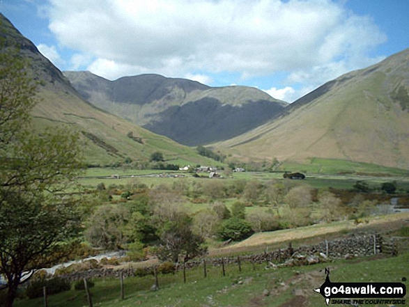 Walk c111 Scafell Pike from Wasdale Head, Wast Water - Wasdale Head with Pillar beyond from the lower slopes of Lingmell & Scafell Pike