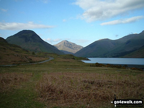 Walk c111 Scafell Pike from Wasdale Head, Wast Water - Yewbarrow (left) Great Gable (centre) and  Lingmell (right) from across Wast Water in Wasdale