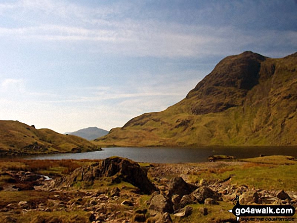 Harrison Stickle (right) and Pike of Blisco (Pike o' Blisco) in the distance from north of Stickle Tarn, The Langdale Pikes, Great Langdale