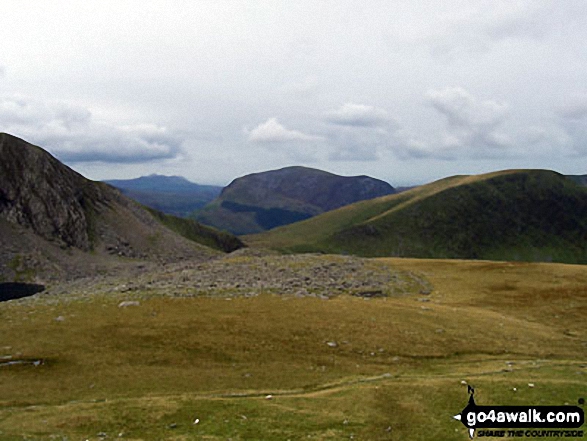 Walk gw158 Garnedd Ugain, Snowdon, Moel Cynghorion, Foel Gron and Moel Eilio from Llanberis - Clogwyn Du'r Arddu (left), Mynydd Mawr (centre) and Moel Cynghorion (right) from near Clogwyn Station on the Llanberis path up Mount Snowdon (Yr Wyddfa)