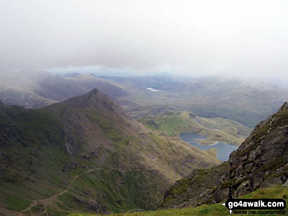 Crib Goch (with The PYG Track/Miners' Track running down its east flank) and Llyn Llydaw from Bwlch Glas just below the summit of Mount Snowdon (Yr Wyddfa)