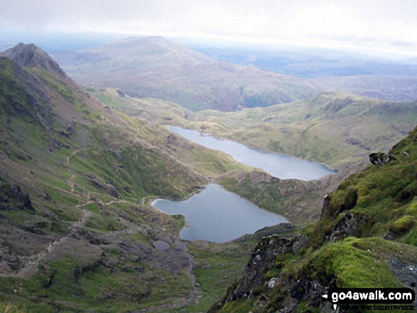 Crib Goch, PYG Track, Miners' Track, Glaslyn and Llyn Llydaw from Bwlch Glas just below the summit of Mount Snowdon (Yr Wyddfa) 